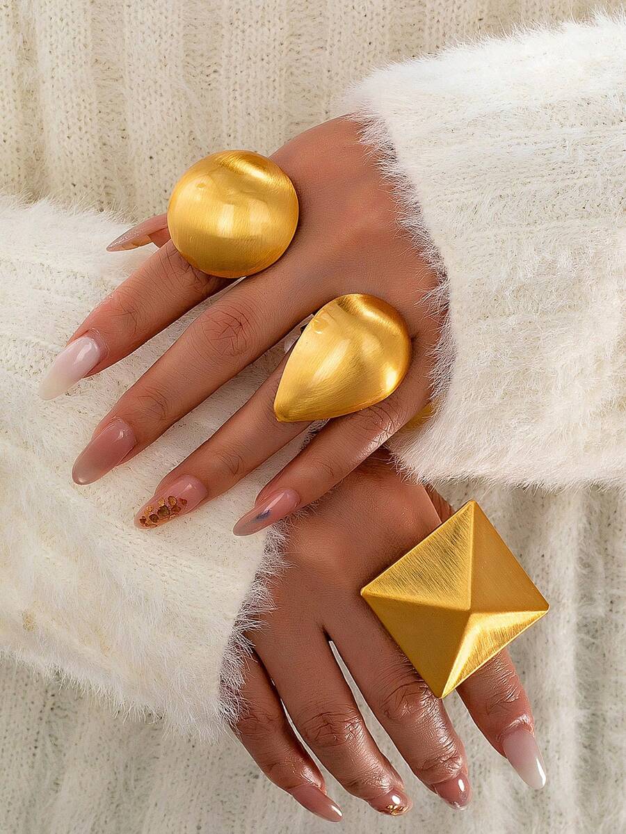 3 件镀金几何个性戒指套装 - 超大夸张粗戒指珠宝适合日常佩戴、派对 - 金色 - 查看 1