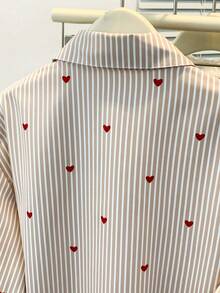 Plus Size Women's Heart Print Striped Polo Shirt - Casual Long Sleeve Blouse For Daily Wear, Spring Summer Fall Vacation