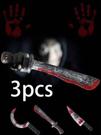 3 件仿真塑料刀、血淋淋的尖头刀、万圣节装饰玩具、血淋淋的切肉刀、整个戏法道具、弯曲的镰刀刀（不对称图案）