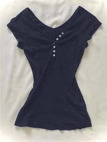 Punk Style Women's Vintage Solid Color Casual Street Wear Short Sleeve Button Pleated Fashionable Blouse, Sweet Girl Harajuku Y2K T-Shirt - Navy Blue - View 2