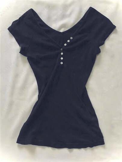 Punk Style Women's Vintage Solid Color Casual Street Wear Kortärmad Knappveckad Fashionabla Blus, Sweet Girl Harajuku Y2K T-shirt