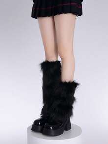 女士毛绒暖腿套 冬季毛皮蓬松暖腿套 柔软靴筒套 万圣节圣诞老人服装 - 黑色 - 查看 4