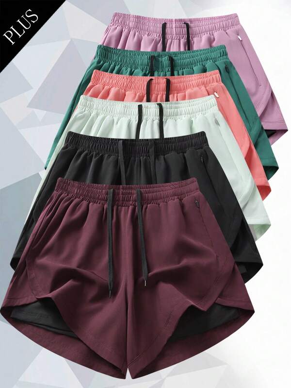 1 pieza Pantalones cortos para mujer talla grande, pantalones deportivos de 2 en 1 de unicolor con forro, pantalones cortos de cintura elástica de doble capa, adecuados para correr, deportes, yoga, fitness en verano