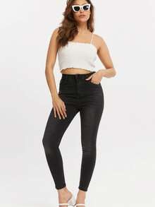 Slim Fit Jeans für Damen mit Taschen, Knopf- und Reißverschluss