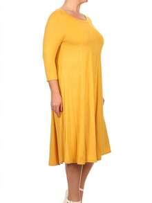 Plus Size Casual 3/4 Sleeves Basic A-Line Pleated Solid Midi Dress  Wedding - Mustard Yellow - View 3