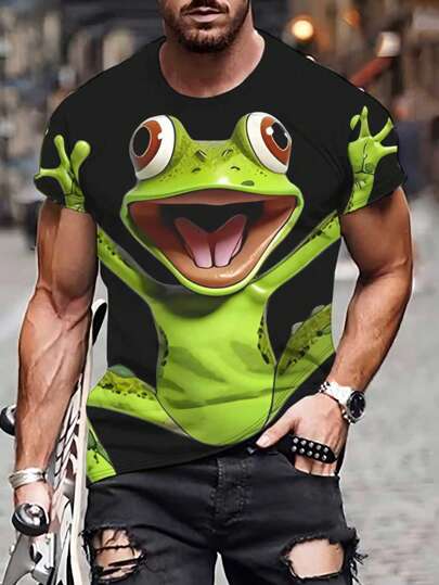 Men's 3D Frog Print Graphic Cartoon Design Short Sleeve T-Shirt, Casual & Comfortable Vacation Tee, Made Of Polyester