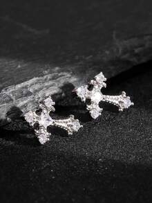 1 Cặp bông tai đinh chữ thập cho nam, Phụ kiện trang trí pha lê tối giản phong cách Gothic đa năng, thích hợp cho trang phục hàng ngày, tiệc tùng và lễ hội của nam giới - Bạc - Xem 10