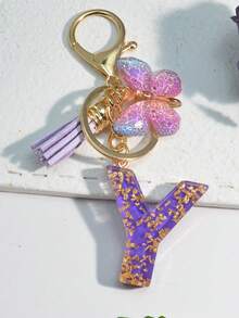 1pc Resin Starry Sky Epoxy English Letter Keychain With Tassel & Fluffy Pom Pom Decor, Gift For Friends & Mothers, Heart Pendant Christmas - Purple - View 4