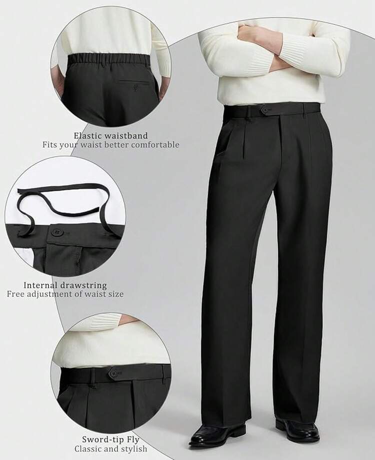 Mens Casual Pleated Baggy Wide Leg Vintage Relaxed Fit Work Office Trousers, Old Money Style S5ET - 黑色 - 查看 10
