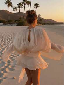 فستان قميص بأكمام فانوس مزدوج الطبقة بياقة كشكشة مربوطة على الطراز الألفية، لا يشمل الحزام، ملابس عيد الميلاد الأنيقة والجذابة للسيدات، فستان عيد الميلاد، فستان ضيف الزفاف، مناسب للمناسبات الرسمية#ليلة الجالا #فستان الخريف #الخريف الأنيق