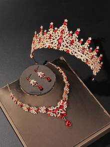 1 Set Bridal Accessories - Red Rhinestone Decor Crown, Necklace, Earrings (4pcs), Wedding Jewelry Set, Suitable For Wedding Dress, Gown, Prom, Party,Festival,Birthday - Multicolor - View 2