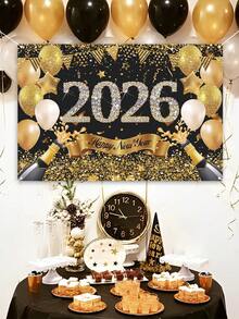 1 Stück Hintergrundfahne mit Neujahrsmotiv, schwarze und goldene Neujahrsballons aus Polyester, für 2026 Neujahrsfestdekoration Hintergrund Stoff für Zuhause, Raumdekoration, Neujahrsfestdekoration, Partydekor, Gartendekoration, Hängedekoration, 2026 Neujahrsdekoration, Partyfavors