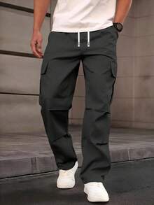 1pc Tween Boys Solid Color Drawstring Waist Cargo Pocket Straight Casual Pants,Casual Daily Wear - Black - View 5