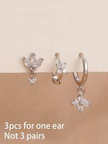 3 件套花朵锆石耳环套装，女士适用，18K 镀金防过敏耳屏耳轮圈耳钉软骨穿孔饰品，适合日常佩戴 - 銀-9 - 查看 3
