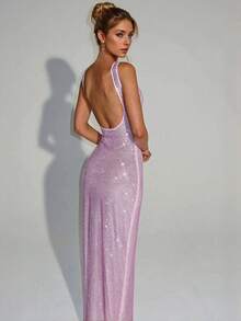 Elisanya Elegant Sexy Straps Sequins Mesh Sparkly Rhinestone Halter Dress Female Temperament Party Birthday Graduation - Pink - View 3