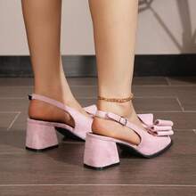 Pantofi Mary Jane, pantofi cu toc înalt, cu vârful închis și bareta, din catifea, cu fundă versatile, roz, Mary Jane, mărimea 32-45 - Roz - Vizualizare 3