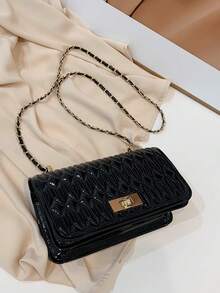 菱格纹链条单肩包，小号方形斜挎包，亮面PU材质，链条肩带，金属锁扣装饰 - 黑色 - 查看 3