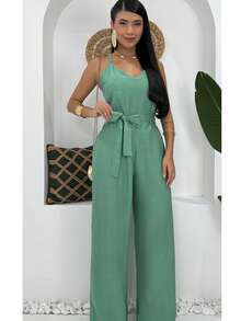 Women's Jumpsuit Roman Pantaloons Tie-Up Elegant Chic Simple Pocket Knot With Belt - 薄荷綠 - 查看 1
