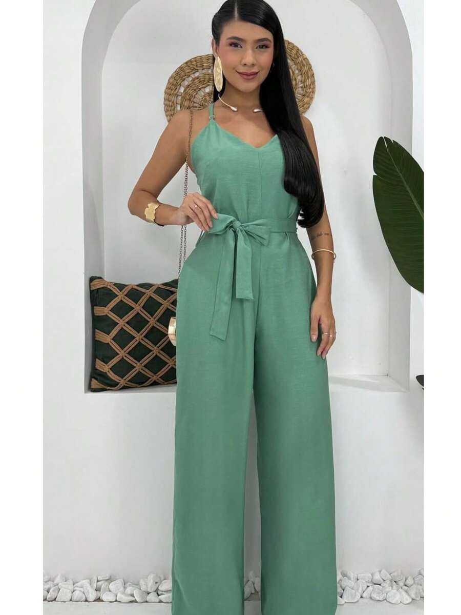 Women's Jumpsuit Roman Pantaloons Tie-Up Elegant Chic Simple Pocket Knot With Belt - 薄荷綠 - 查看 1