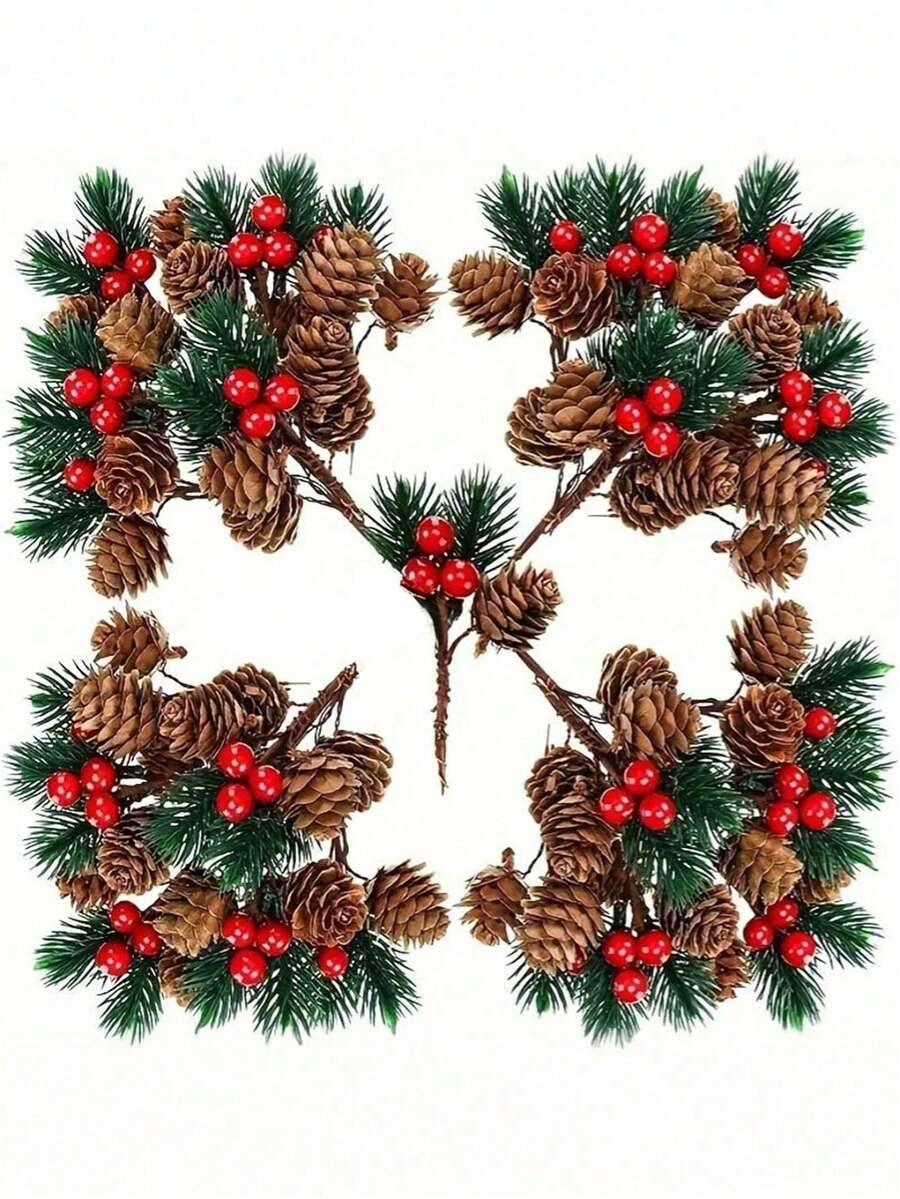 Red Berry Stem Pine Tree Branches,Artificial Pine Cone & Berry Swags,Mini Artificial Pinecone Picking Flowers DIY Wreath,Plastic Christmas Tree Branches For Crafts, Fireplace, Bar, Party, Holiday Decorations Wedding Party Supplies Kitchen Restaurant Table Centerpieces, Valentine Day, Gift Home Decor Christmas Decorations Room Decor Winter