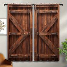 2pcs Barn Wood Doors Blackout Curtains For Boys Girl Bedroom Decor, Rustic Brown Retro Farmhouse Doors Thermal Insulated Rod Pocket Drapes Darkening Window Curtain For Living Room Home  (Rod Not Included) - 豐富多彩的 - 查看 1