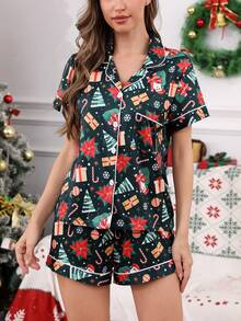 2pcs Christmas Santa Claus Print Women Short Sleeve Button Collar Top And Shorts Pajama Set, Comfortable Casual Loose Fit Homewear, Suitable For Home Or Outdoor Wear, Spring/Summer/Autumn/Winter, Fall Clothes - Dark Green - View 3
