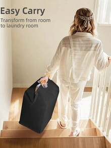 1 件亚麻洗衣篮，可折叠便携式织物洗衣篮，适用于家庭、卧室、浴室，存放脏衣服、玩具，可折叠大容量储物篮，带木柄洗衣篮，洗衣篮，浴室收纳篮，篮子，储物篮，可折叠洗衣篮 - 黑色 - 查看 5