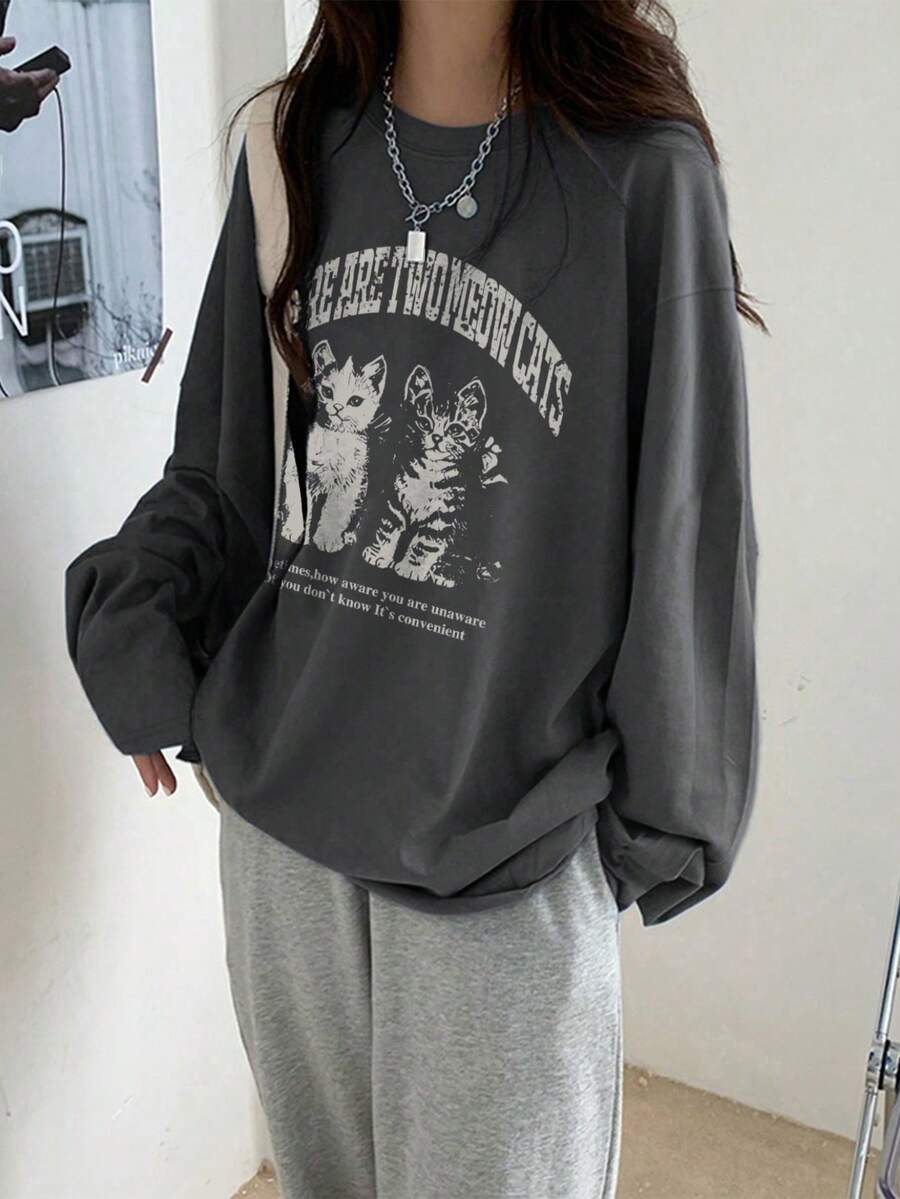 女士宽松棉质字母猫咪印花长袖T恤，百搭春秋两季