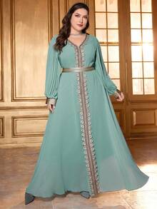 Plus Size Women's Embroidered Ribbon V-Neck Casual Maxi Dress, Arabic Style Long Sleeve Dress With Ribbon Decor, Suitable For Daily Wear And Festivals - Mint Green - View 4