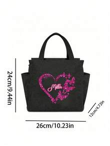 1 pieza Bolsa de almuerzo aislada con diseño personalizable de nombre y corazón, diseño de bolsillo doble, gran capacidad para lonchera de estudiante, forro de aluminio grueso - Negro - Ver 8