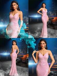 CHOSMO New Style Solid Color Sequin Elegant Backless Woman's Dress, Suitable For Wedding, Party, Birthday, Anniversary, Graduation, Music Festival, Cocktail, Formal Dinner, Photoshoot, Prom, Travel, Stage And Concert, Fourth Quarter