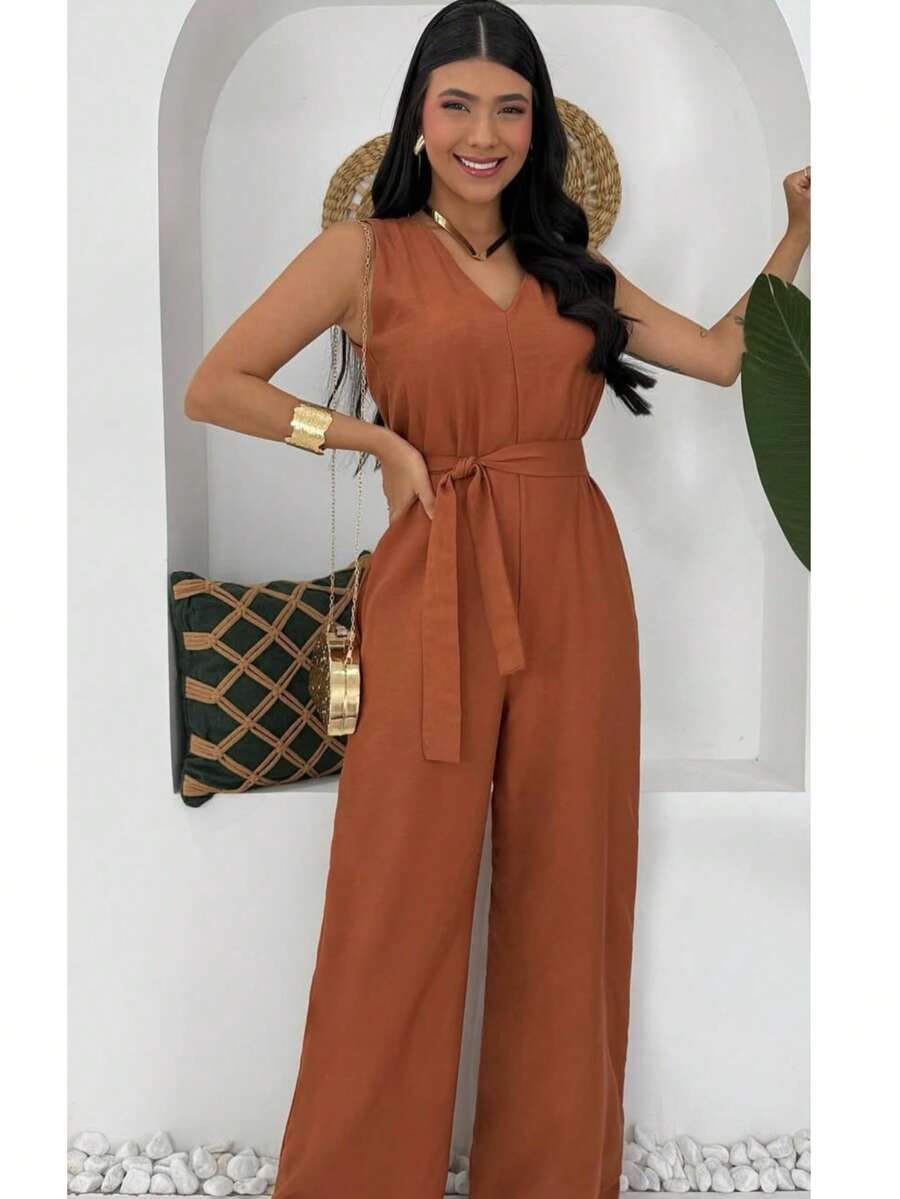 Women's Jumpsuit Roman Pantaloons Tie-Up Elegant Chic Simple Pocket Knot With Belt - 摩卡棕 - 查看 1