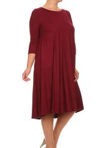 Plus Size Casual 3/4 Sleeves Basic A-Line Pleated Solid Midi Dress  Wedding - Burgundy - View 3