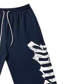 Men's Letter Print Drawstring Waist Straight Leg Long Casual Pants, Suitable For Outings, Gothic Style, Rave Parties, Back To School, Sports, Fitness, Autumn Season - 藏蓝色 - 查看 7