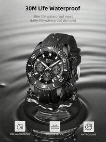 1 Đồng hồ nam BIDEN có vành lặn, chức năng bấm giờ, chống nước, thiết kế phát sáng, dây cao su, lịch ngày dạng kim thể thao thanh lịch - màu đen - Xem 5