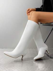 Women's Knee-High Boots, Comfortable Chunky Block Heel Pointed Toe Pull On Side Zipper Suede Slouch Riding Boots - White - View 4