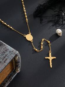 1pc Vintage Style Beaded Chain Cross Pendant Necklace, Stainless Steel Long Chain, Suitable For Men's Daily Wear, Halloween Accessory