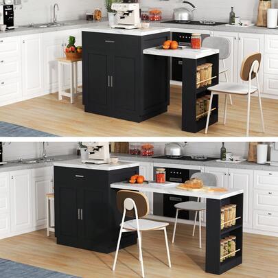 Isola Cucina con Tavolo Estraibile, Mobile con Ripiani in Legno/Metallo per 4-6 Persone, Presa di Corrente Integrata, 2 Cassetti e Scaffali Aperti, Design a Due Toni, Tavolo Allungabile per Cucina