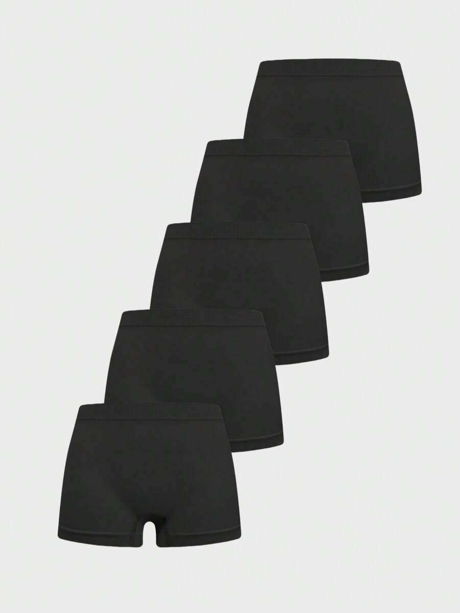 5pcs/Pack Solid Color Casual Minimalist Boys' Seamless Stretchy Elastic Waist Boxer Briefs, Suitable For Daily Wear And Workout - Black - View 1