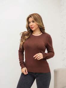 SUNNY FASHION Women's Long Sleeve Sweater Blouse Winter ROUND NECK BASIC - Café integral - Ver 3