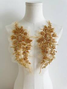 1 Pair Of 3D Floral Lace Applique Embroidery Flowers Sewn Onto Embroidery Patches, Used For DIY (Gold) Body Craftsmanship Of Wedding Bridal Dresses, Formal Attire, And Clothing - Yellow - View 8