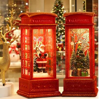 1个圣诞风格LED茶蜡灯，节日圣诞电话亭装饰，包含圣诞老人、雪人、圣诞树场景，电池供电，红色灯罩，适用于节日壁炉或橱柜展示、圣诞派对装饰、烛台、夜灯、桌面装饰、圣诞礼物、圣诞饰品、六角灯笼、氛围灯、装饰灯