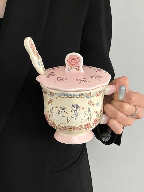 Floral Swan Mug, Large Capacity Ceramic Mug With Handle, Suitable For Home Or Office Settings, Couple's Water Cup, Ideal For Various Drinks, Milk, Coffee, Hot Cocoa, Latte, Juice, Perfect As A Gift For Family Or Friends For Festivals