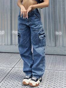 Minimalist American Style Slimming Cargo Jeans - Dark Wash - View 3