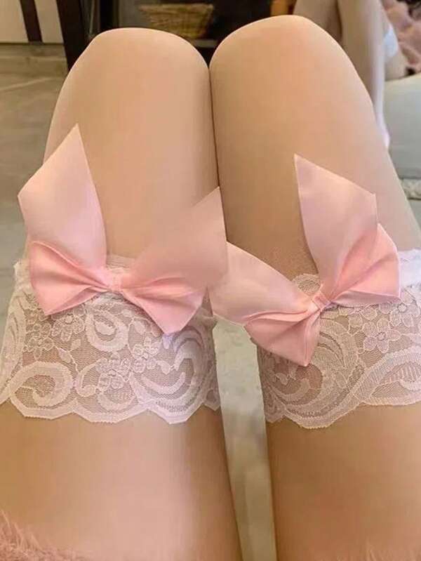 1 Piece Women's Cute Bowknot & Wide Lace Trim Over-The-Knee Socks (Optional Colors: Pink & Black) Anti-Slip Sweet Style For Daily Wear, Dating & Festive Occasions,Sexy Lingerie
