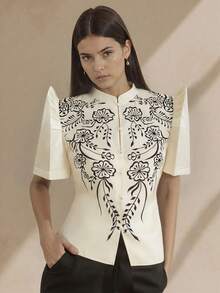 Amyenjoylife modern von den Philippinen inspirierte Bluse, von den Philippinen inspirierte Bluse mit Schmetterlingsärmeln, elegante und modische Damen Puffärmel, besticktes Kurzarmhemd, Cardigan, Champagnerfarbe Top - Champagnerfarben - Übersicht 4