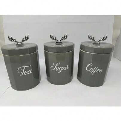 SEGOY Set Of ,– 3pcs Grey Ceramic Tea, Coffee & Sugar Canister Set, Storage Jars With Silver Cap Lids & Sparkling Diamante Detailing Elegant Kitchen Countertop Organizer & Home Décor