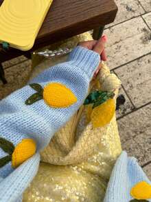 Senya Women's 3D Lemon Pattern V-Neck Long Sleeve Plus Size Knitted Cardigan, Baby Blue Romantic Daily, Holiday, Casual Loose Jumper Jacket, Valentine's Day, Dating Tops