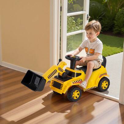 Ride On Toddler Car, Ride On Excavator Car For Toddler 19 To 36 Months, Excavator Bulldozer Digger Toy With Under-Seat Storage & Music, 55 Lbs Load Capacity, Foot-To-Floor Walker For Kid, Yellow