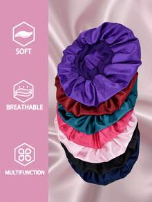 10Piece Women's Solid Color Elastic Brim Bonnets - Solid-Color Sleek Satin Fabric For Casual Comfort, Sleep, And Hair Protection. - Multicolor-solid Color-10pcs - View 6